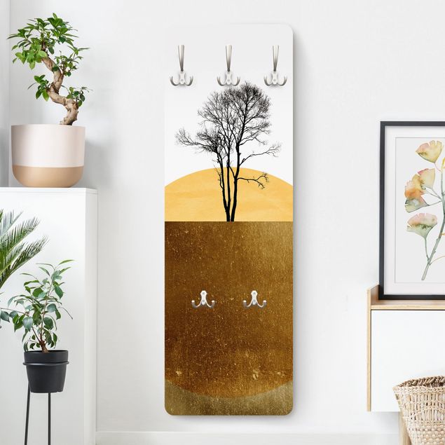 Wall mounted coat rack landscape Golden Sun With Tree