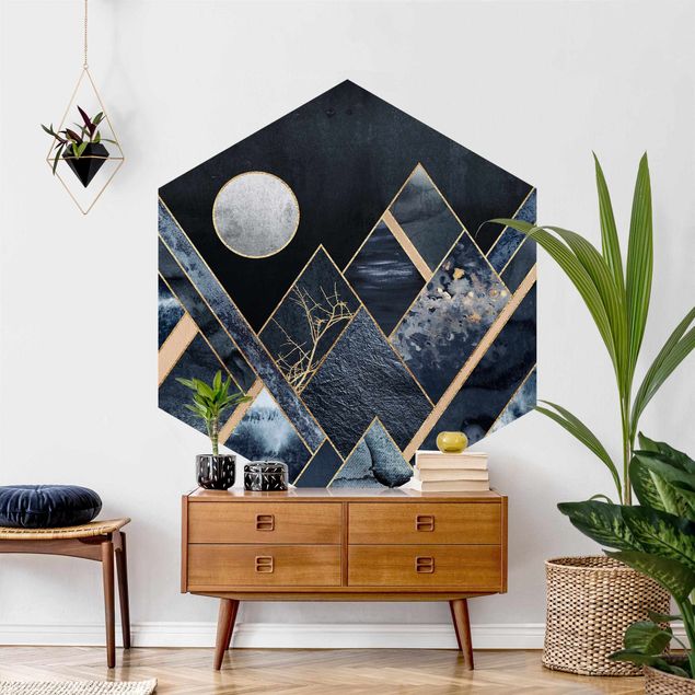 Contemporary wallpaper Golden Moon Abstract Black Mountains