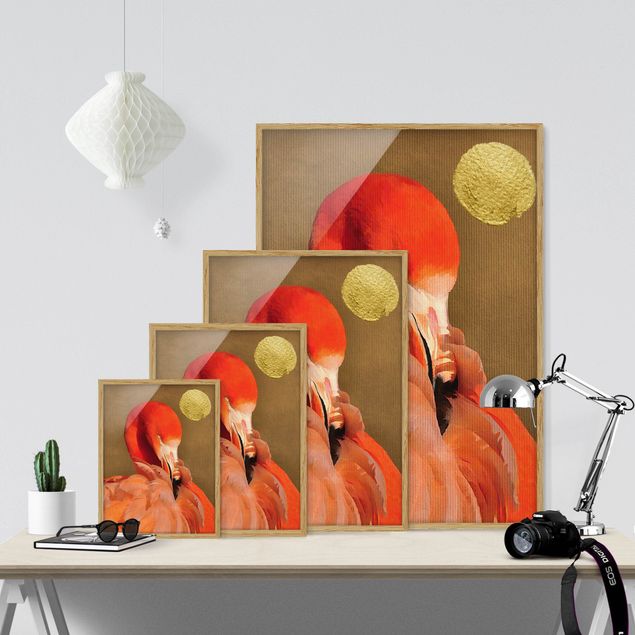Red canvas wall art Golden Moon With Flamingo