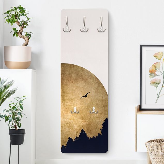 Wall mounted coat rack landscape Gold Moon In The Forest