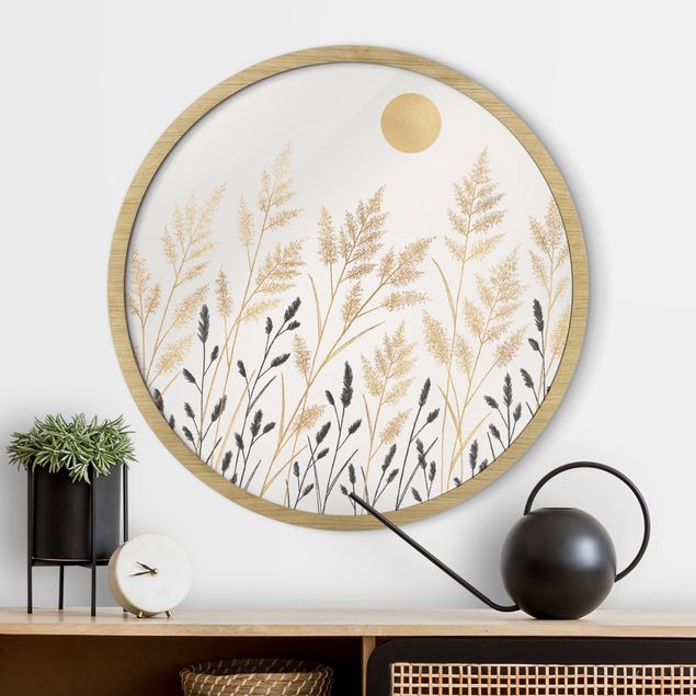 Flower print Grasses And Moon In Gold And Black
