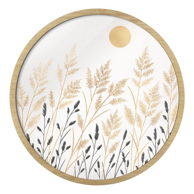 Framed prints Grasses And Moon In Gold And Black