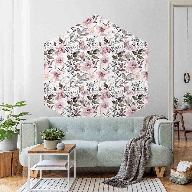 Wallpapers modern Gray Leaves With Watercolour Flowers