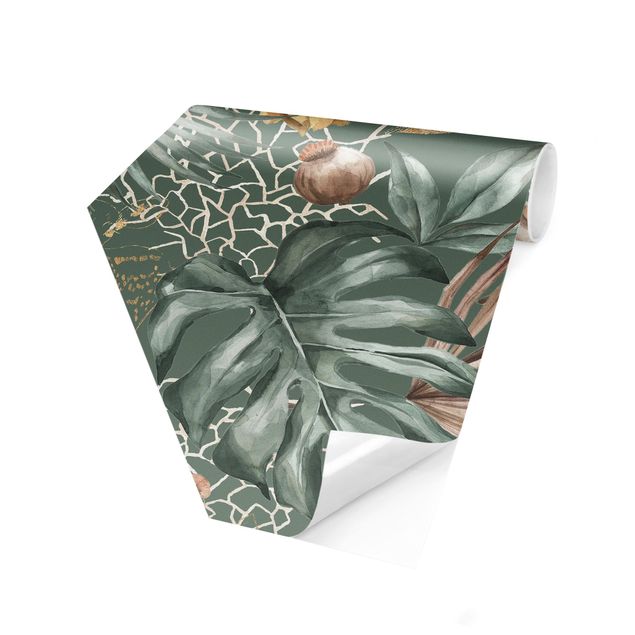 Modern wallpaper designs Large Leaves With Roses In Front Of Green