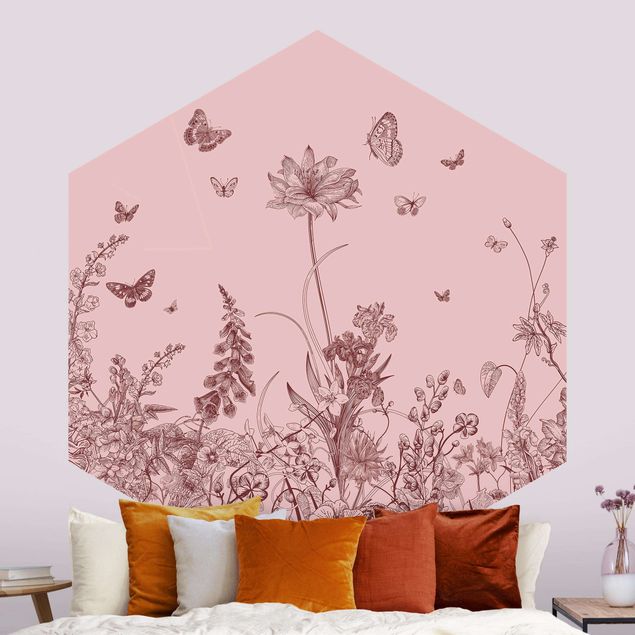 Wallpapers butterfly Large Flowers With Butterflies On Pink