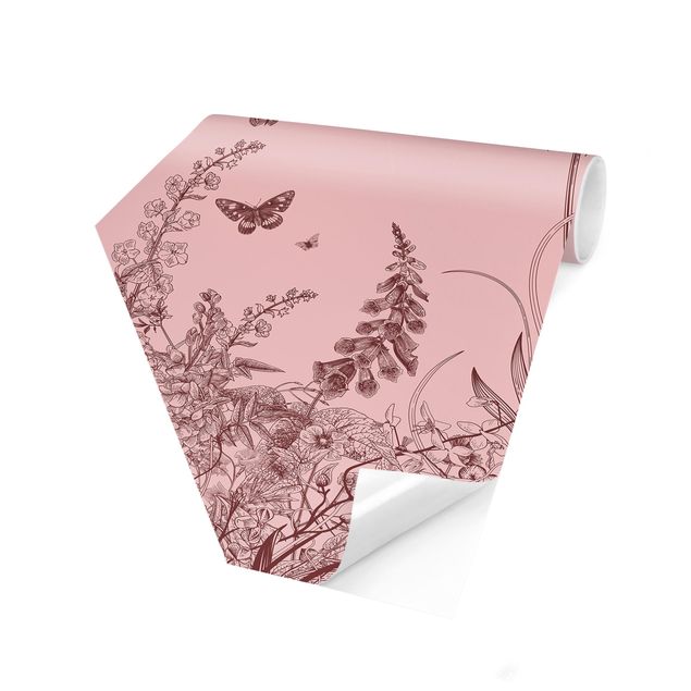 Modern wallpaper designs Large Flowers With Butterflies On Pink