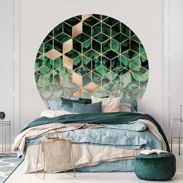 Geometric pattern wallpaper Green Leaves Golden Geometry