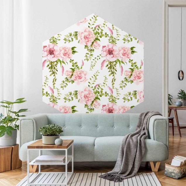 Wallpapers patterns Green Leaves With Pink Flowers In Watercolour