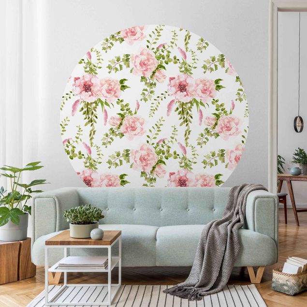 Wallpapers modern Green Leaves With Pink Flowers In Watercolour