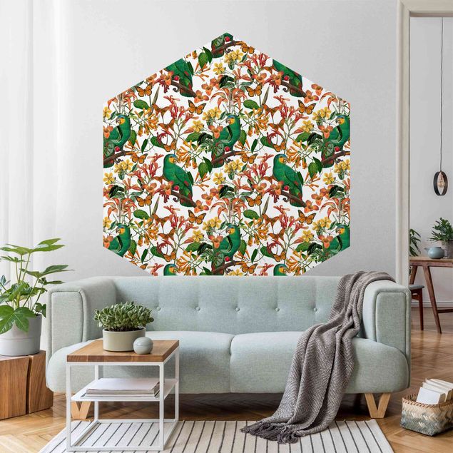Wallpapers birds Green Parrots With Tropical Butterflies