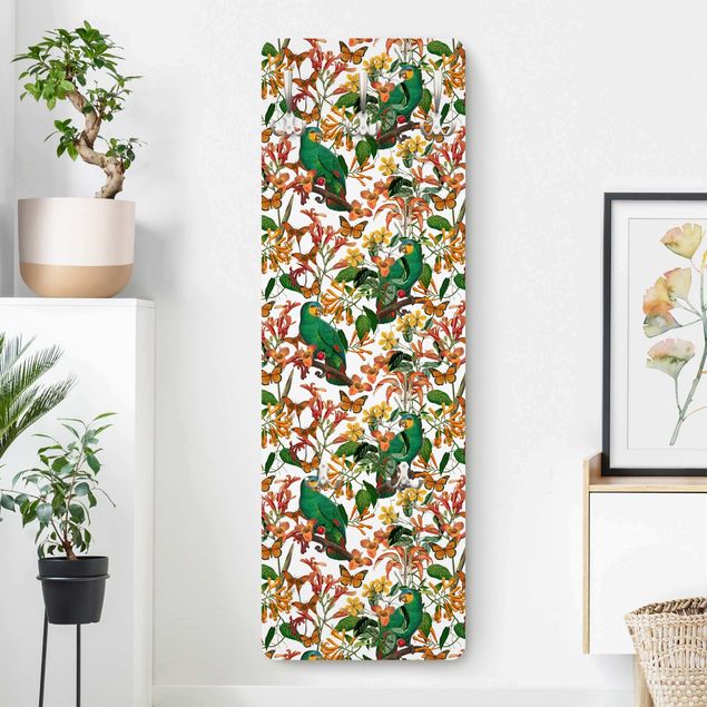 Wall mounted coat rack flower Green Parrots With Tropical Butterflies