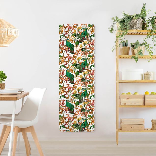 Wall mounted coat rack patterns Green Parrots With Tropical Butterflies