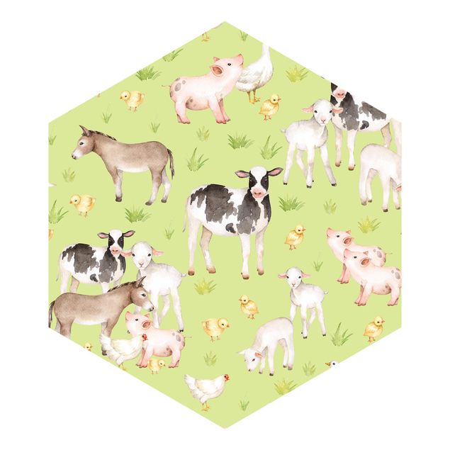 Self adhesive wallpapers Green Meadow With Cows And Chickens