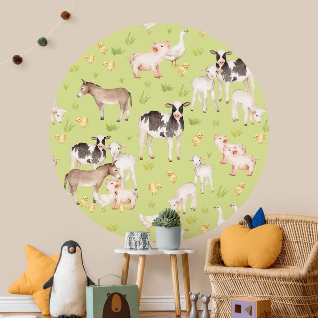 Nursery decoration Green Meadow With Cows And Chickens