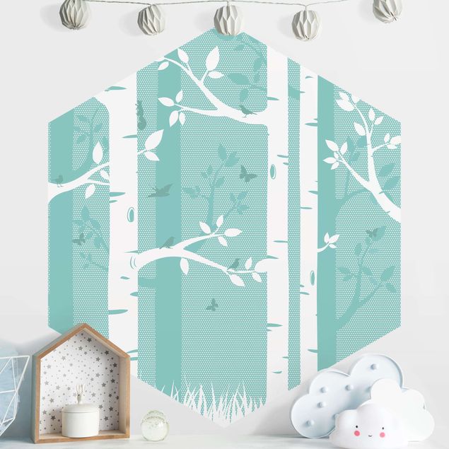 Aesthetic butterfly wallpaper Green Birch Forest With Butterflies And Birds