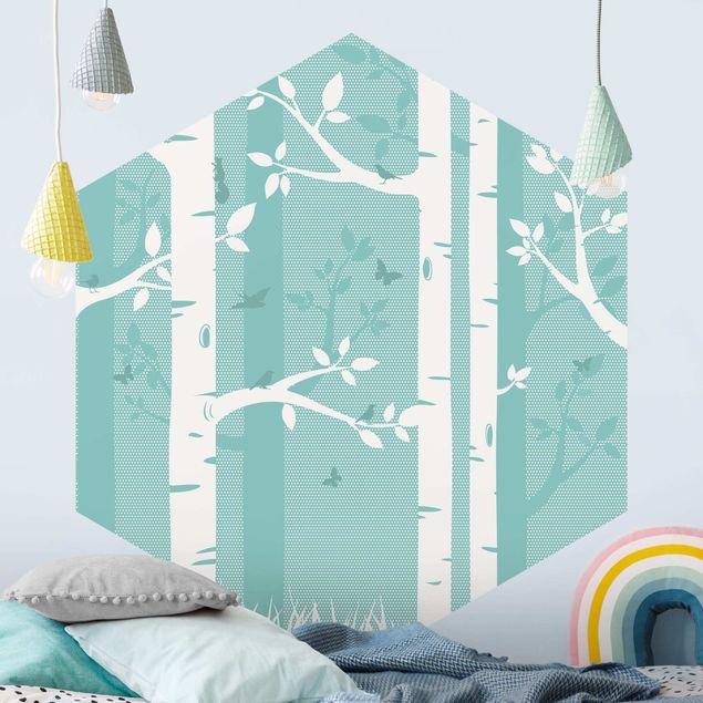 Kids room decor Green Birch Forest With Butterflies And Birds