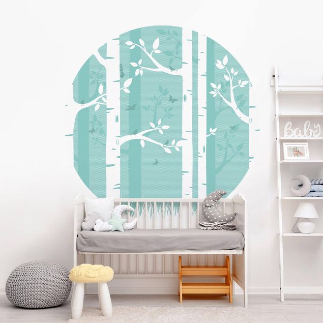Kids room decor Green Birch Forest With Butterflies And Birds