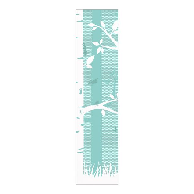 Sliding panel curtains landscape Green Birch Forest With Butterflies And Birds