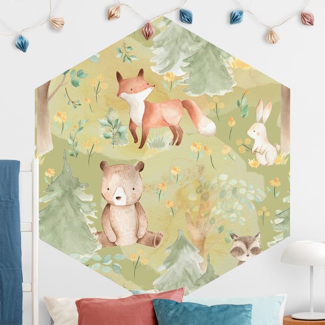 Kids room decor Rabbit And Fox On Green Meadow
