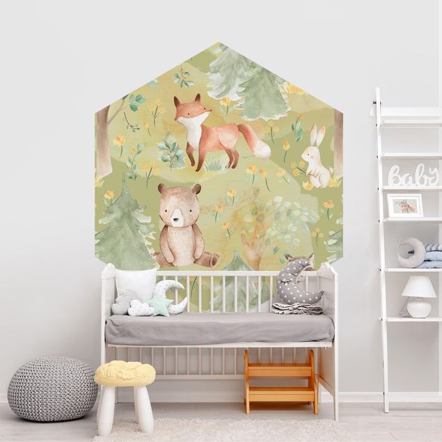 Contemporary wallpaper Rabbit And Fox On Green Meadow