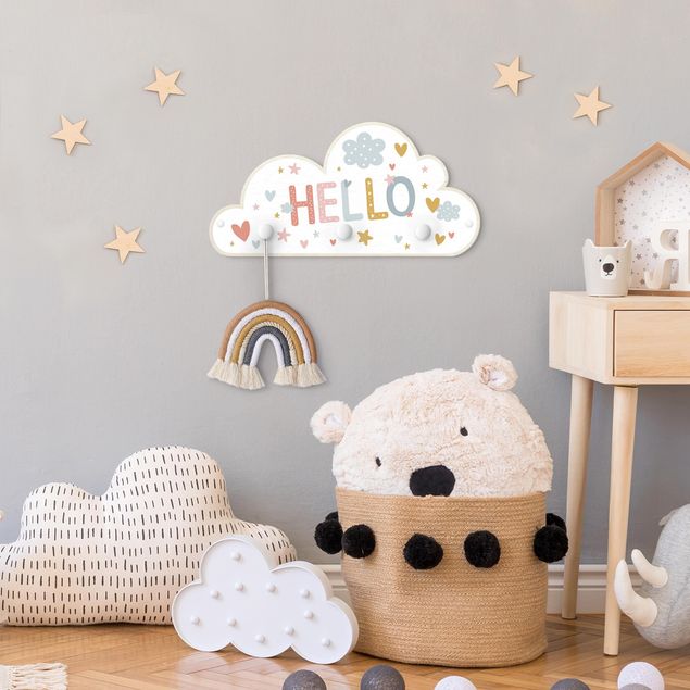 Wall mounted coat rack multicoloured Hello - Hearts Stars Clouds