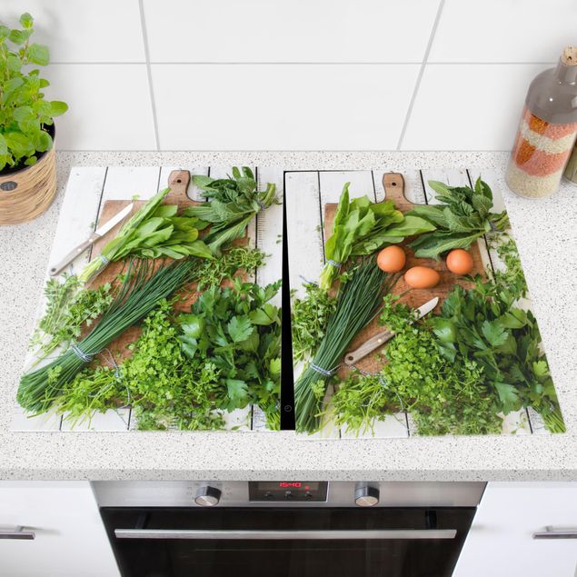 Stove top covers spices and herbs Fresh Herbs On Wooden Board