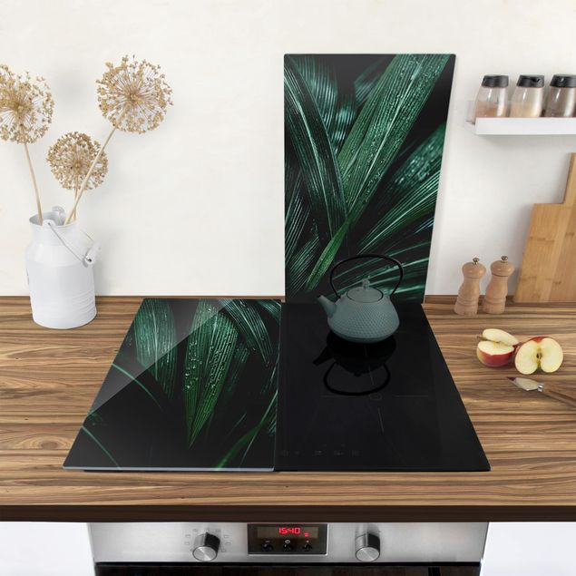 Glass stove top cover Green Palm Leaves