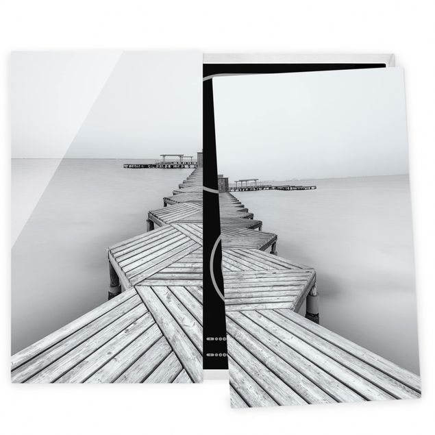 Glass stove top cover Wooden Pier In Black And White