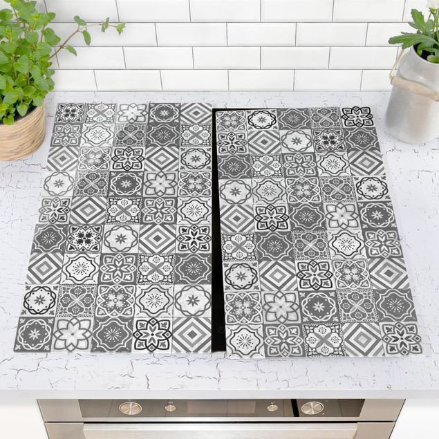 Glass stove top cover Mediterranean Tile Pattern Grayscale