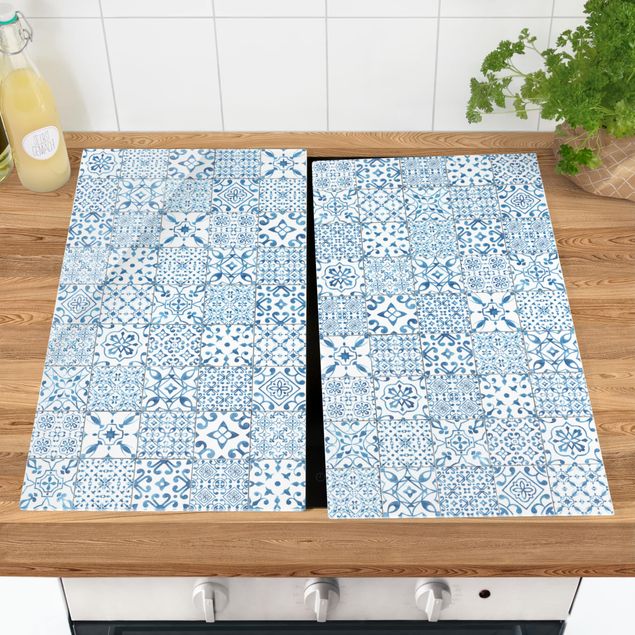 Glass stove top cover Patterned Tiles Blue White
