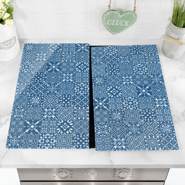 Stove top covers Patterned Tiles Navy White