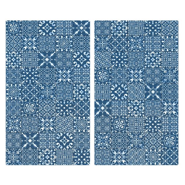 Glass stove top cover - Patterned Tiles Navy White
