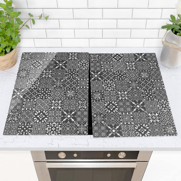 Kitchen Patterned Tiles Dark Gray White