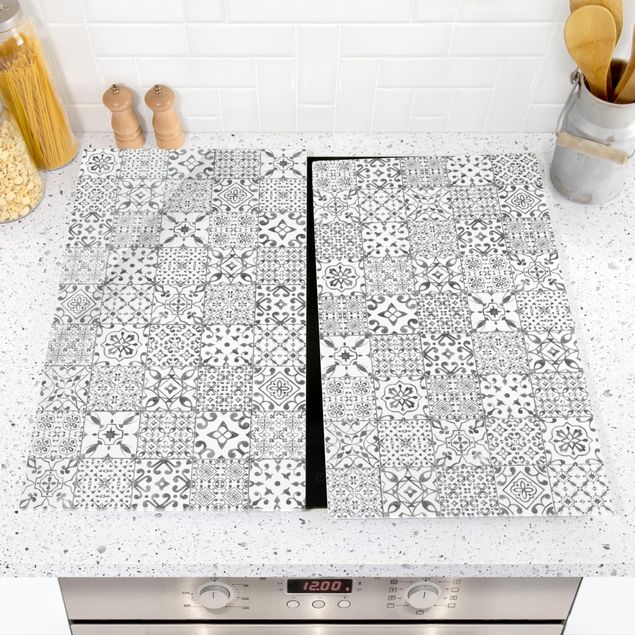 Stove top covers Patterned Tiles Gray White