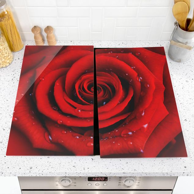 Stove top covers flower Red Rose With Water Drops