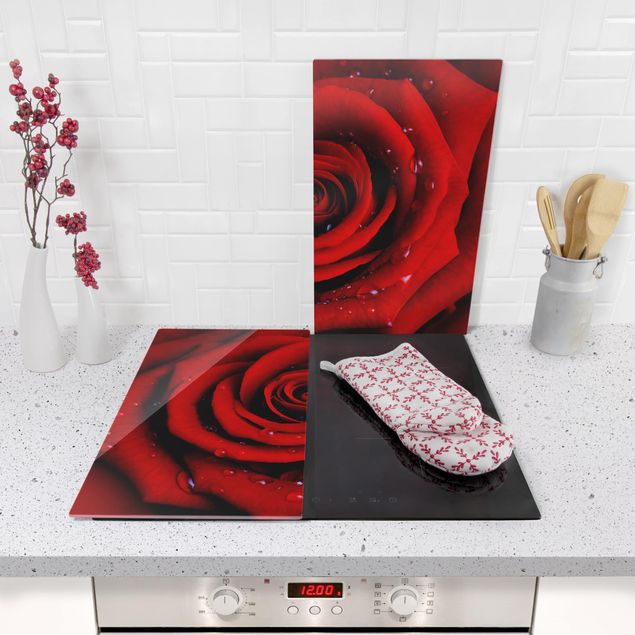 Stove top covers Red Rose With Water Drops