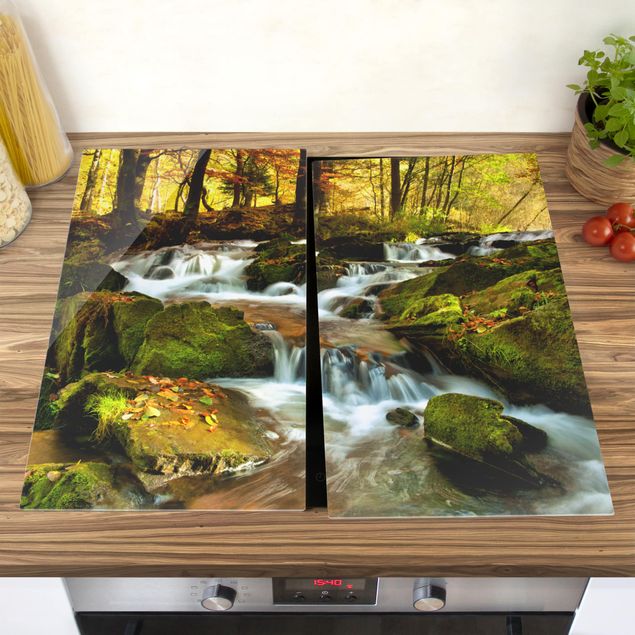 Glass stove top cover Waterfall Autumnal Forest
