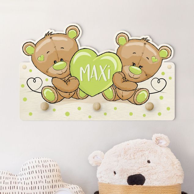 Kids room decor Heart Bears With Customised Name Green