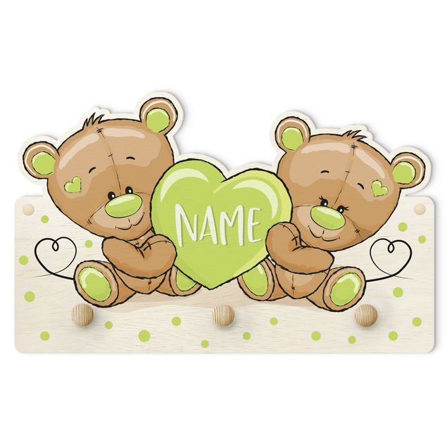 Wall mounted coat rack green Heart Bears With Customised Name Green
