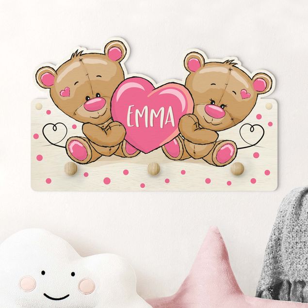 Kids room decor Heart Bears With Customised Name Pink