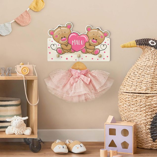 Wall mounted coat rack brown Heart Bears With Customised Name Pink