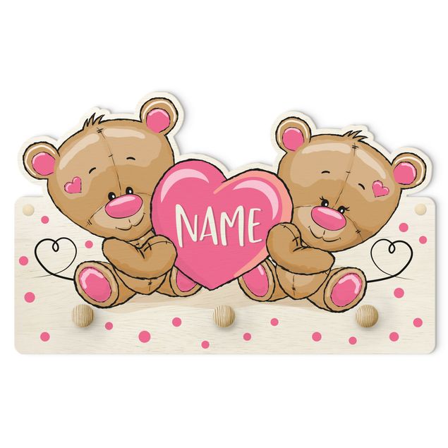 Wall coat rack Heart Bears With Customised Name Pink