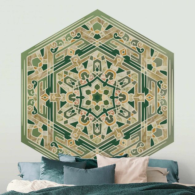 Aesthetic vintage wallpaper Hexagonal Mandala In Green With Gold