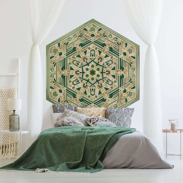 Wallpapers spiritual Hexagonal Mandala In Green With Gold