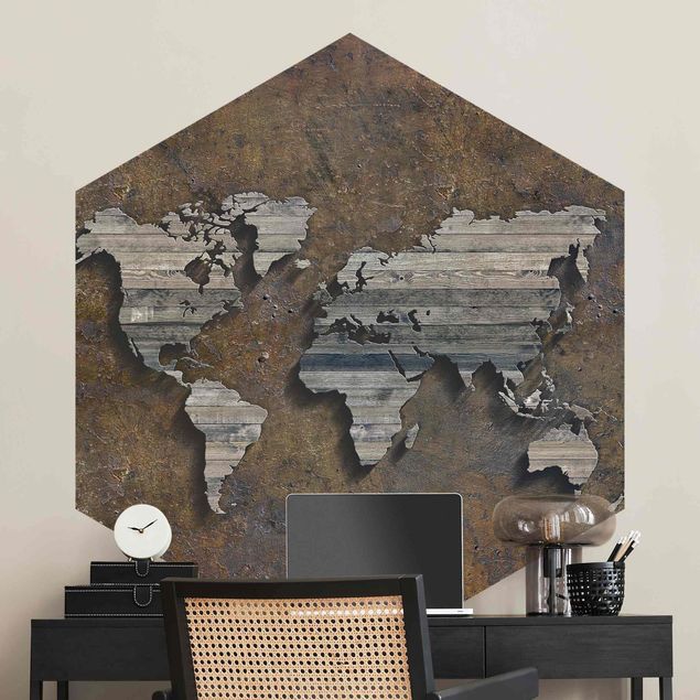 Wood panel wallpaper Wooden Grid World Map