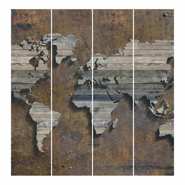 Sliding panel curtains wood Wooden Grid World Map