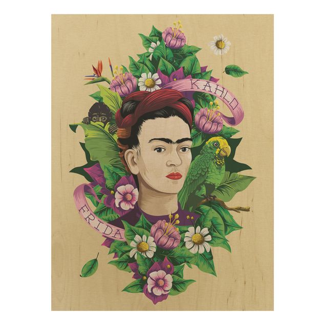 Wood prints flower Frida Kahlo - Frida, Monkey And Parrot