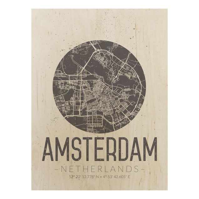 Wood prints sayings & quotes Amsterdam City Map - Retro