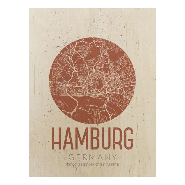 Wood prints sayings & quotes Hamburg City Map - Retro