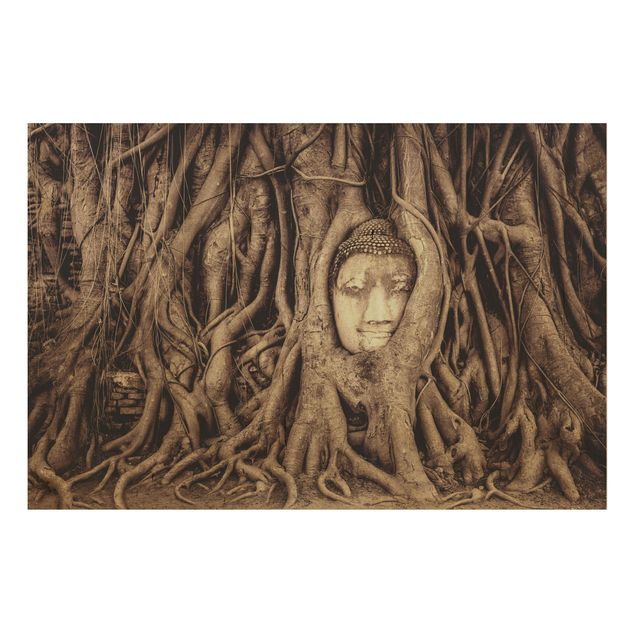 Wood prints landscape Buddha In Ayutthaya Lined From Tree Roots In Brown